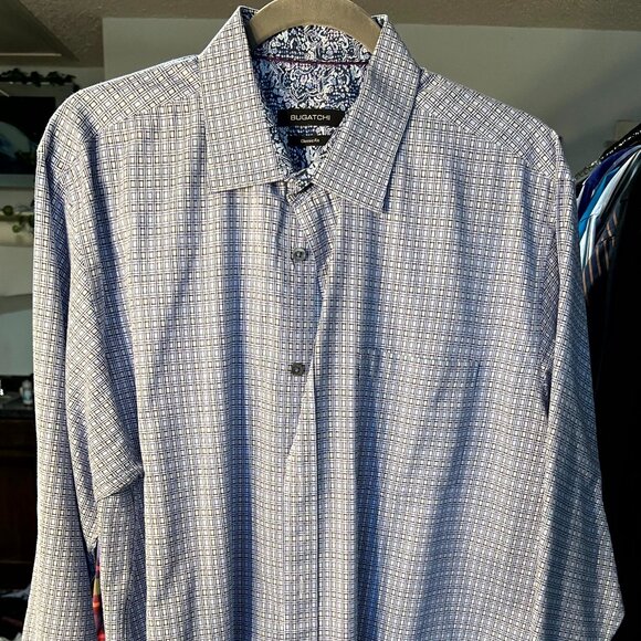 Bugatchi Classic Fit Blue & White Geometric 100% Cotton Long-Sleeve Btn-Up SZ 2X - Picture 1 of 5